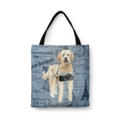 denim dogs tote golden doodle faded ephemera denim front view white
