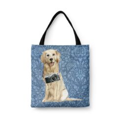 Golden Retriever Dog Denim Style Tote Bag 44 denim dogs tote golden retriever bleached damask denim front view white