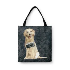 Golden Retriever Dog Denim Style Tote Bag 43 denim dogs tote golden retriever dark damask denim front view white