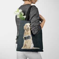 Golden Retriever Dog Denim Style Tote Bag 51 denim dogs tote golden retriever dark denim tote woman jumper walking view