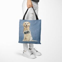Golden Retriever Dog Denim Style Tote Bag 53 denim dogs tote golden retriever gently faded denim tote woman trowsers walking view