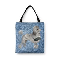 Grey Poodle Dog Denim Style Tote Bag 44 denim dogs tote grey poodle bleached damask denim front view white