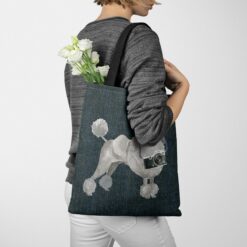 Grey Poodle Dog Denim Style Tote Bag 51 denim dogs tote grey poodle dark denim tote woman jumper walking view