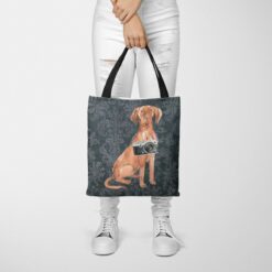 Hungarian Vizsla Dog Denim Style Tote Bag 50 denim dogs tote hungarian vizsla dark damask denim tote woman trowsers front view