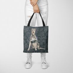 denim dogs tote irish wolf hound dark damask denim tote woman trowsers front view