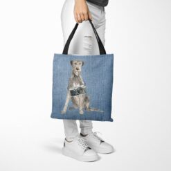 denim dogs tote irish wolf hound gently faded denim tote woman trowsers walking view