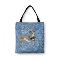 Italian greyhound Dog Denim Style Tote Bag 44 denim dogs tote italian greyhound bleached damask denim front view white
