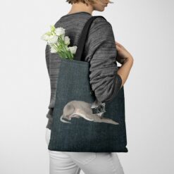 Italian greyhound Dog Denim Style Tote Bag 51 denim dogs tote italian greyhound dark denim tote woman jumper walking view