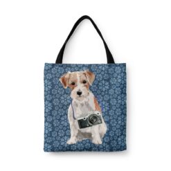 Jack Russell Dog Denim Style Tote Bag 46 denim dogs tote jack russel daisy denim front view white