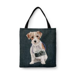 Jack Russell Dog Denim Style Tote Bag 45 denim dogs tote jack russel dark denim front view white