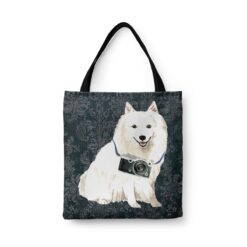denim dogs tote japanese spitz dark damask denim front view white
