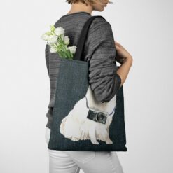 denim dogs tote japanese spitz dark denim tote woman jumper walking view