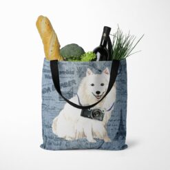denim dogs tote japanese spitz faded ephemera denim tote standing food