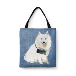 denim dogs tote japanese spitz gently faded denim front view white
