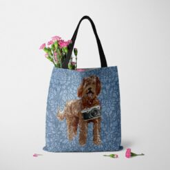 denim dogs tote labradoodle bleached damask denim tote standing carnations