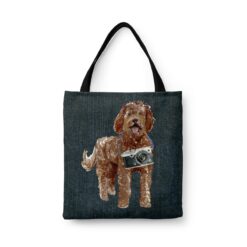 denim dogs tote labradoodle dark denim front view white