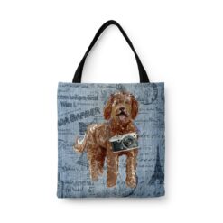 denim dogs tote labradoodle faded ephemera denim front view white