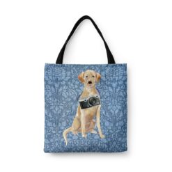 Labrador retriever Dog Denim Style Tote Bag 44 denim dogs tote labrador retriever bleached damask denim front view white