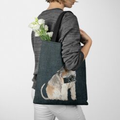 Lakeland Terrier Dog Denim Style Tote Bag 51 denim dogs tote lakeland terrier dark denim tote woman jumper walking view