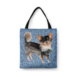 denim dogs tote long haired chihuahua bleached damask denim front view white