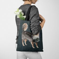 denim dogs tote long haired chihuahua dark denim tote woman jumper walking view