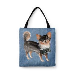 denim dogs tote long haired chihuahua gently faded denim front view white