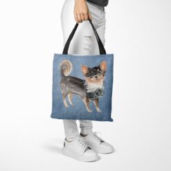 denim dogs tote long haired chihuahua gently faded denim tote woman trowsers walking view