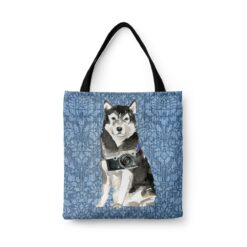 Malamute Dog Denim Style Tote Bag 44 denim dogs tote malamute bleached damask denim front view white