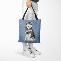 Malamute Dog Denim Style Tote Bag 53 denim dogs tote malamute gently faded denim tote woman trowsers walking view