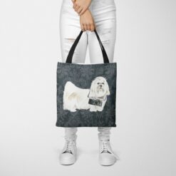 Maltese Dog Denim Style Tote Bag 50 denim dogs tote maltese dark damask denim tote woman trowsers front view
