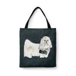 Maltese Dog Denim Style Tote Bag 46 denim dogs tote maltese dark denim front view white