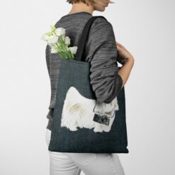 Maltese Dog Denim Style Tote Bag 51 denim dogs tote maltese dark denim tote woman jumper walking view