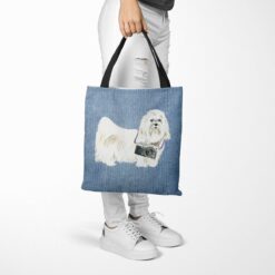 Maltese Dog Denim Style Tote Bag 53 denim dogs tote maltese gently faded denim tote woman trowsers walking view