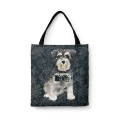 denim dogs tote miniature schnauzer dark damask denim front view white