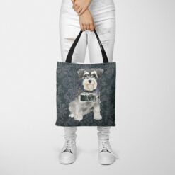 denim dogs tote miniature schnauzer dark damask denim tote woman trowsers front view