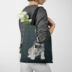 denim dogs tote miniature schnauzer dark denim tote woman jumper walking view