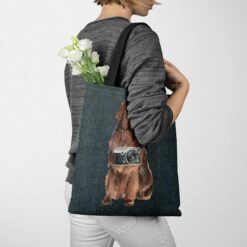 Newfoundland Dog Denim Style Tote Bag 51 denim dogs tote newfoundland dark denim tote woman jumper walking view