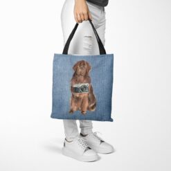 Newfoundland Dog Denim Style Tote Bag 53 denim dogs tote newfoundland gently faded denim tote woman trowsers walking view