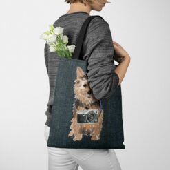 Norfolk Terrier Dog Denim Style Tote Bag 51 denim dogs tote norfolk terrier dark denim tote woman jumper walking view