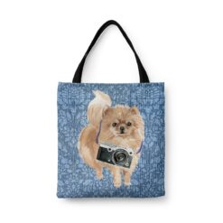 Pomeranian Dog Denim Style Tote Bag 44 denim dogs tote pomeranian bleached damask denim front view white