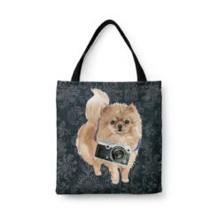 Pomeranian Dog Denim Style Tote Bag 43 denim dogs tote pomeranian dark damask denim front view white