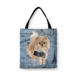 Pomeranian Dog Denim Style Tote Bag 41 denim dogs tote pomeranian faded ephemera denim front view white