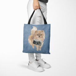 Pomeranian Dog Denim Style Tote Bag 53 denim dogs tote pomeranian gently faded denim tote woman trowsers walking view