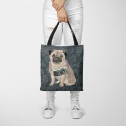 denim dogs tote pug dark damask denim tote woman trowsers front view