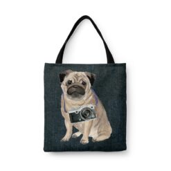 denim dogs tote pug dark denim front view white