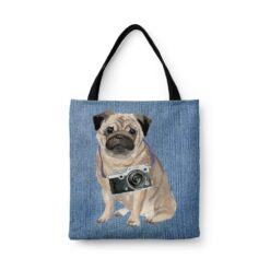 denim dogs tote pug gently faded denim front view white