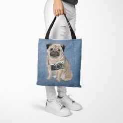 denim dogs tote pug gently faded denim tote woman trowsers walking view