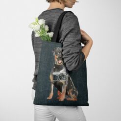 Rottweiler Dog Denim Style Tote Bag 51 denim dogs tote rottweiler dark denim tote woman jumper walking view