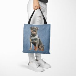 Rottweiler Dog Denim Style Tote Bag 53 denim dogs tote rottweiler gently faded denim tote woman trowsers walking view