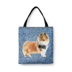 Rough Collie Dog Denim Style Tote Bag 44 denim dogs tote rough collie bleached damask denim front view white